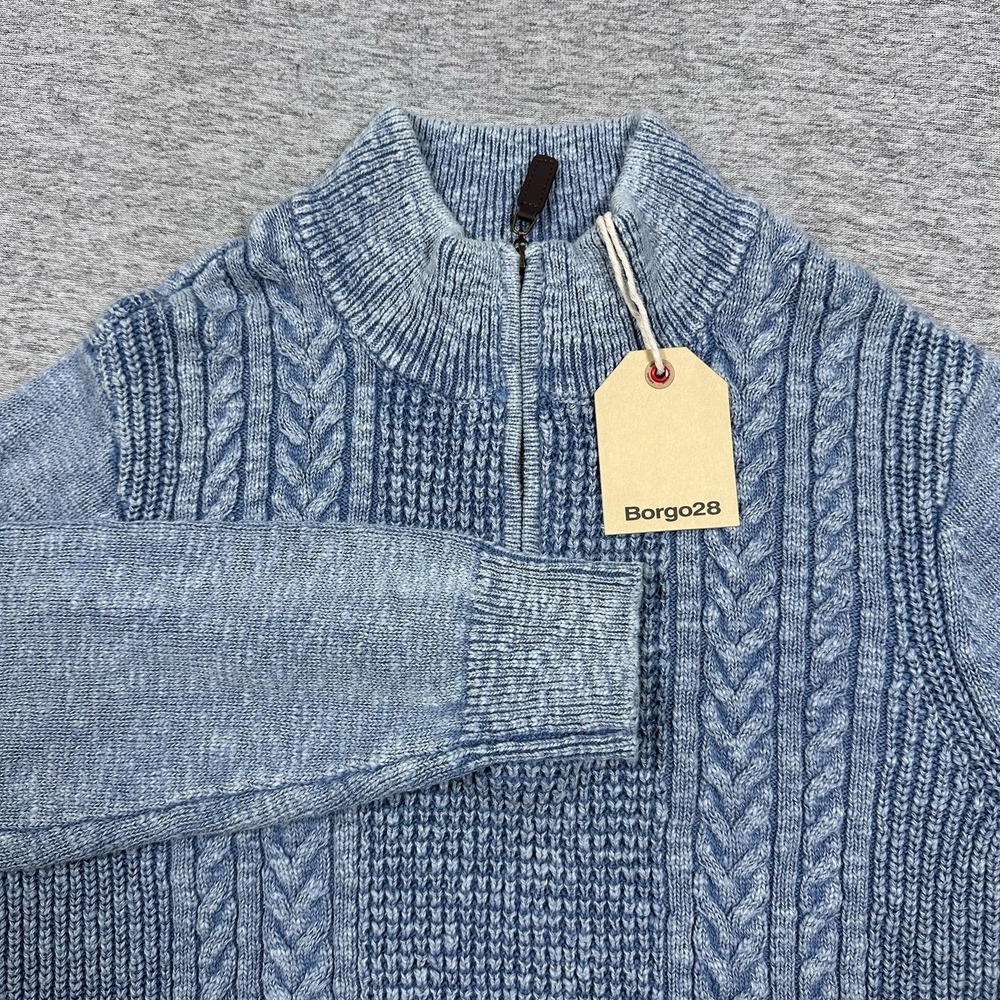 Borgo28 Sweater Mens Size Medium Slate Blue Cotton Slub Knit 1/4 Zip Preppy NEW